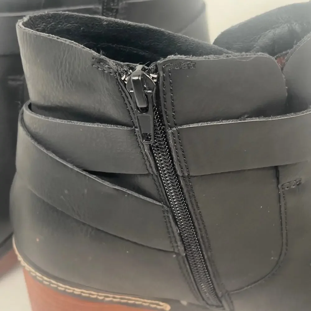 BlackFaux Leather Korks Trisha Platform Booties Adj Buckle Strap Womens 11M